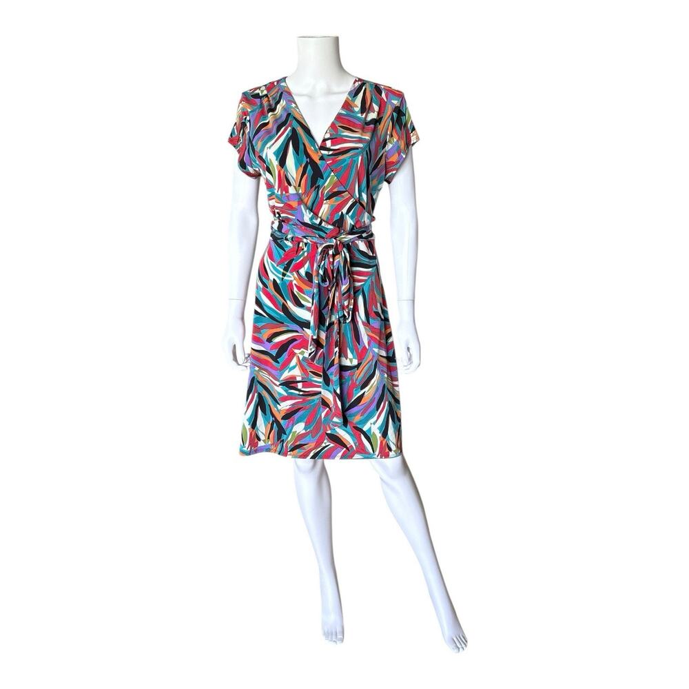 Nicole By Nicole Miller Dress Womens L Multicolor Surplice Tie Waist Stretch